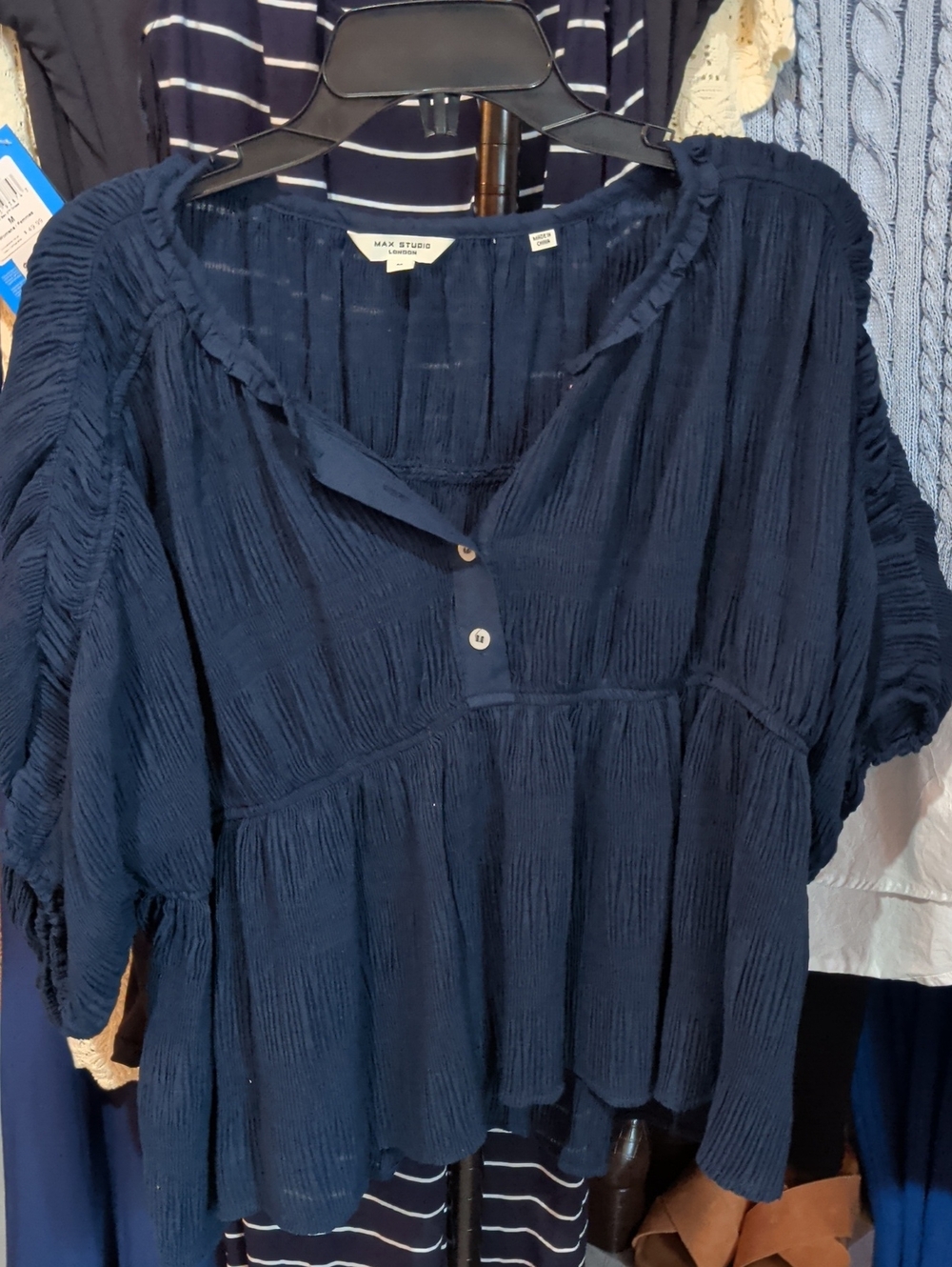 Max Studio Navy Crinkle Peasant Top